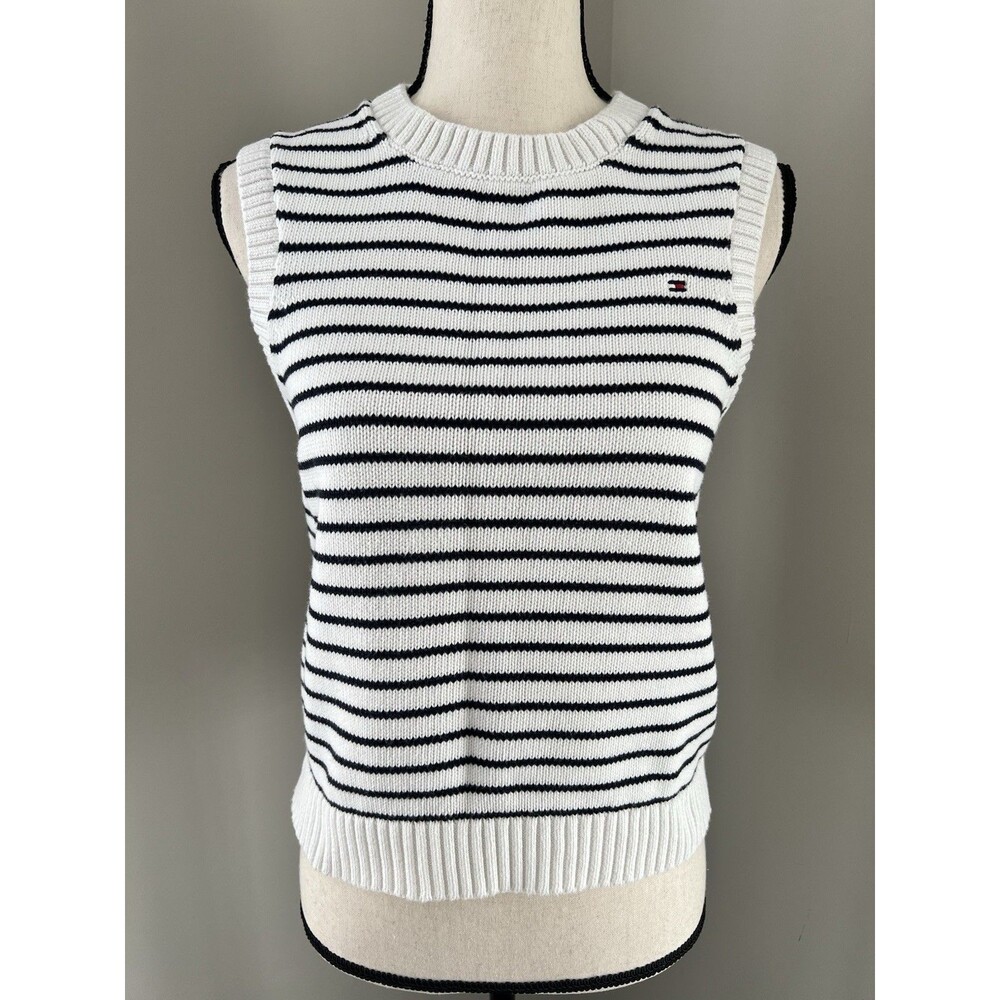 Tommy Hilfiger White and Black Striped Sweater Vest Large EUC